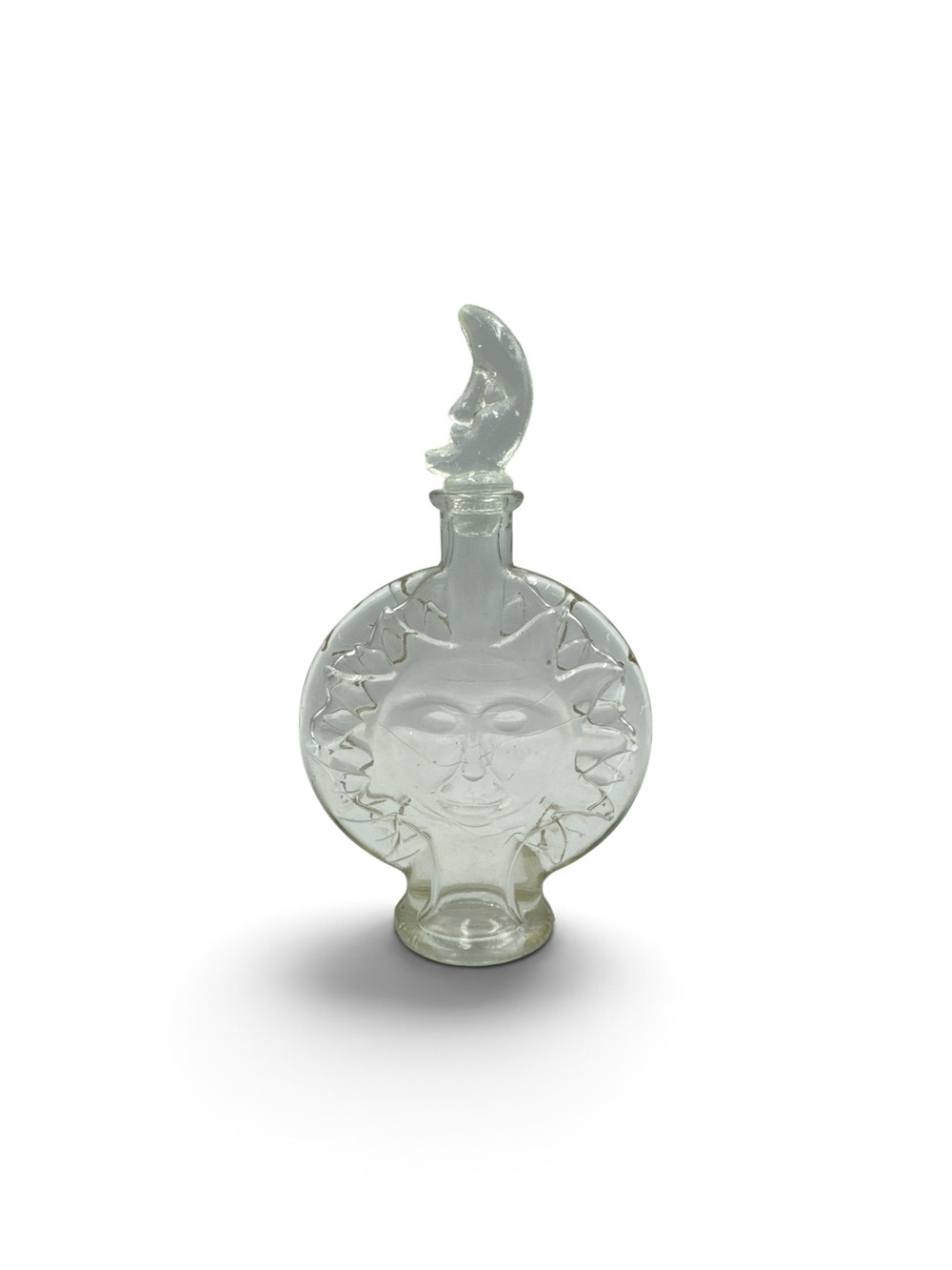 Vintage Celestial Sun Face Glass Bottle Crescent Moon Stopper Whimsigoth Decor